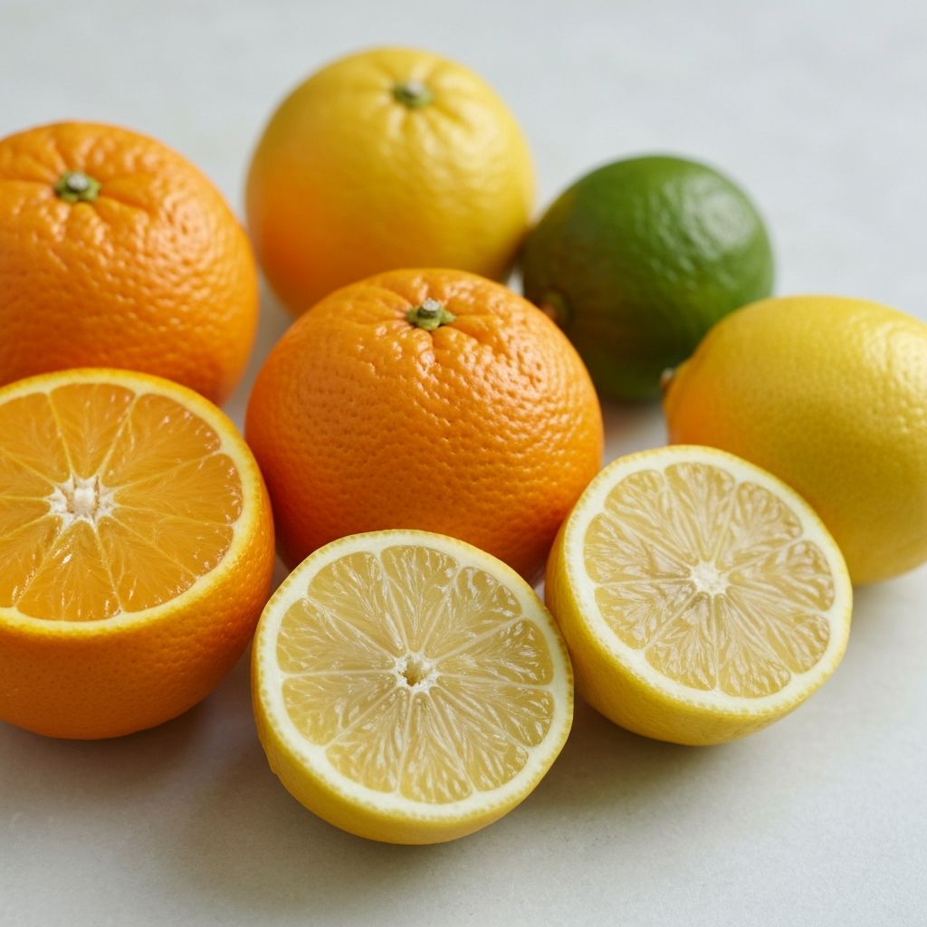 Fresh citrus fruits including oranges, limes, and lemons