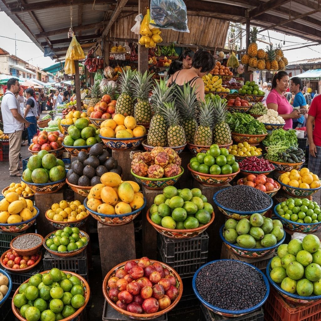 Vibrant tropical market with fresh fruits and vegetables